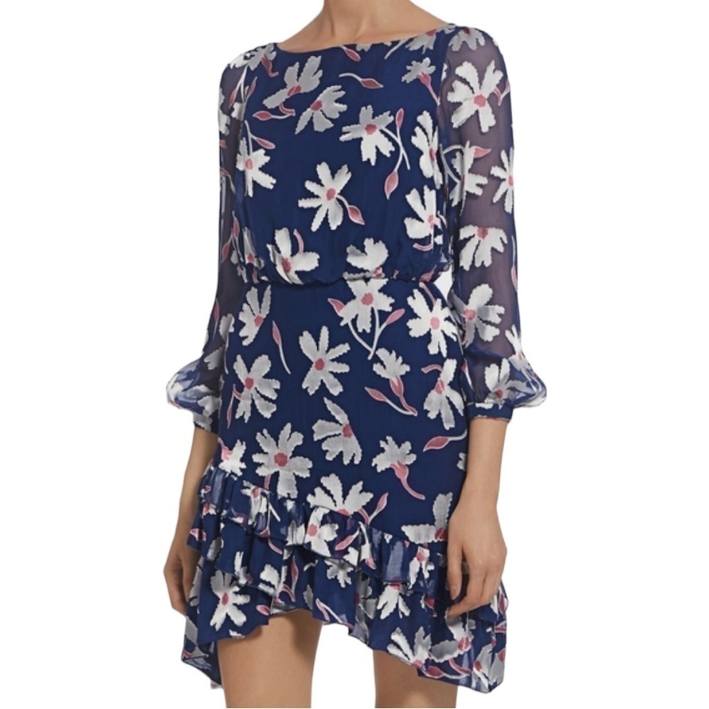 SALONI Felicia Boat Neck Ruffle Mini Low Silk Dress Blue Floral 6